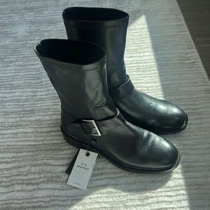 NWT ZARA GENUINE LEATHER BLACK MOTO MID CALF BOOTS SIZE 36/6 or 5.5 FIT